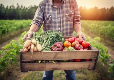 Man holding a basket full of freshly harvested vegetables in the garden. Ai generativeの素材