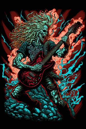 Heavy metal Monster guitar player. Demon guitarist playing in hell. Ai generative illustrationの素材
