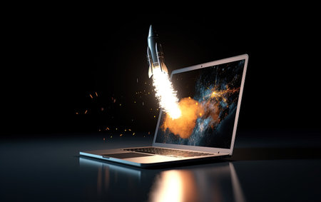 Space rocket launched from lap top screen. Generative Ai illustrationの素材