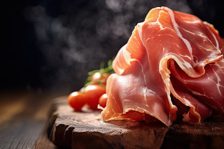 Prosciutto slices on the wooden board. Iberian ham also known as Jamon iberico. Ai generative imageの素材