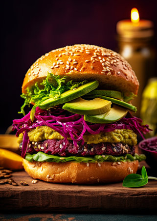 Vegan sandwich with avocado, red cabbage and beetroot. Generative Ai imageの素材