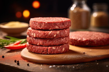 Raw ground beef burger patties on the kitchen table. Ai generative imageの素材