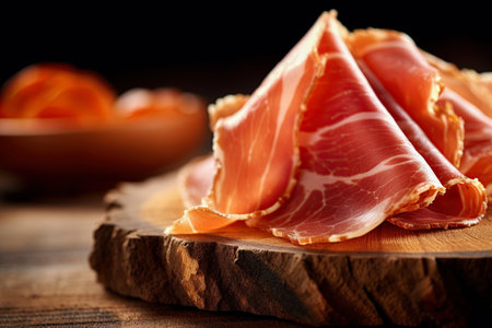 Prosciutto slices on the wooden board. Iberian ham also known as Jamon iberico. Ai generative imageの素材