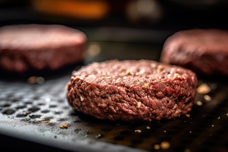Raw ground beef burger patties on the kitchen table. Ai generative imageの素材
