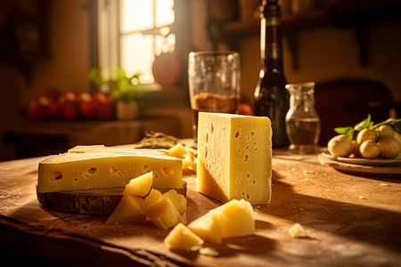 Parmesan cheese, known as Parmigiano Reggiano italian hard cheese in the kitchen. Ai generative imageの素材