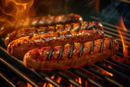 Sausages grilling on barbecue. BBQ bratwurst over the hot coals and fire. Ai generative imageの素材
