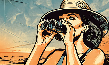 Woman explorer with binoculars in nature. Vintage poster design. Ai generative illustrationの素材