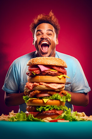 Giant stacked hamburger and a happy man ready to eat. Ai generative imageの素材