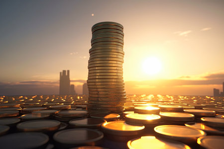 Gold coins stack at sunset. Ai generative illustrationの素材