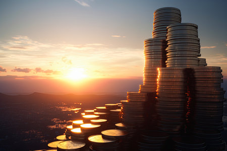 Gold coins stack at sunset. Ai generative illustrationの素材