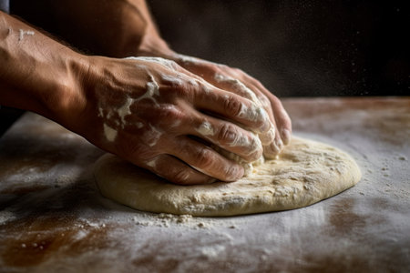 Man kneading dough for pizza, bread or pastry on wooden table in a bakery. Ai generative imageの素材