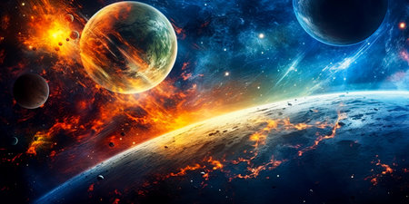 Universe with planets, stars, nebulas. Science fiction and space exploration concept. Ai generative illustrationの素材