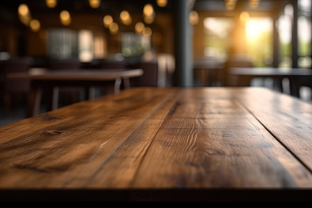 Empty wooden table surface with blurred background. For product display or montage. Mock up for display of product. Ai generative imageの素材