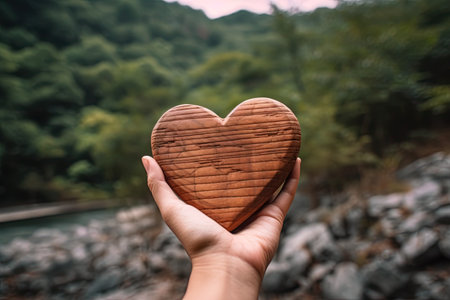 Heart carved from wood held in hand in a forest. Ai generative imageの素材