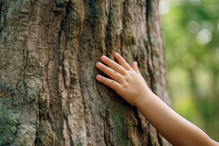 Child's hand touching a tree in the forest. Love and save nature. Preserve ecology and environment. Ai generativeの素材