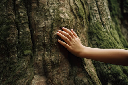Child's hand touching a tree in the forest. Love and save nature. Preserve ecology and environment. Ai generativeの素材