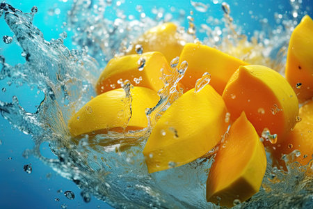 Mango slices falling in water and making a splash. Ai generative imageの素材