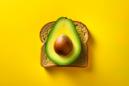 Avocado sandwich on yellow background. Flat lay. Top view. Ai generativeの素材