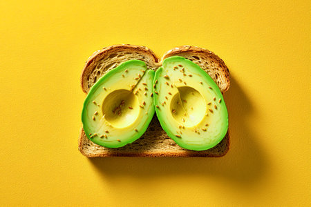 Avocado sandwich on yellow background. Flat lay. Top view. Ai generativeの素材