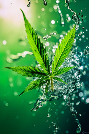 Marijuana leaf in splash of fresh water. Ai generativeの素材