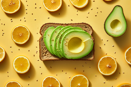 Avocado sandwich surrounded with lemon slices. Flat lay. Top view. Ai generativeの素材
