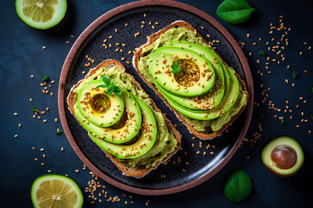 Avocado sandwiches. Flat lay. Top view. Ai generativeの素材