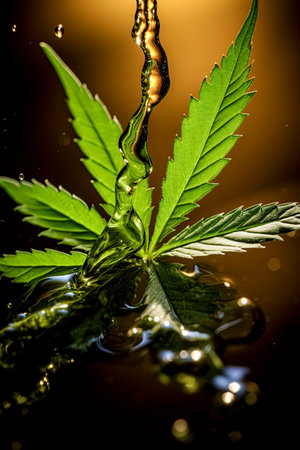 Cannabis leaf with cbd oil dripping from it. Medical marijuana health concept. Ai generativeの素材