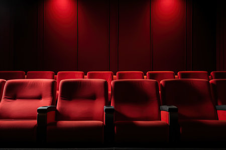 Red seats in cinema or theatre interior. Empty movie theater. Copy space, add people. Ai generativeの素材