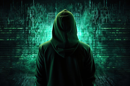 Computer hacker wearing hoodie over the background of code programming. Cybersecurity and information technology concept. Ai generative illustrationの素材