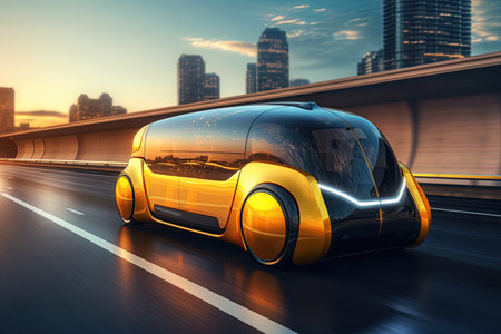 Futuristic taxi on the road. Future transportation concept. Sustainable energy transport. Generative Aiの素材