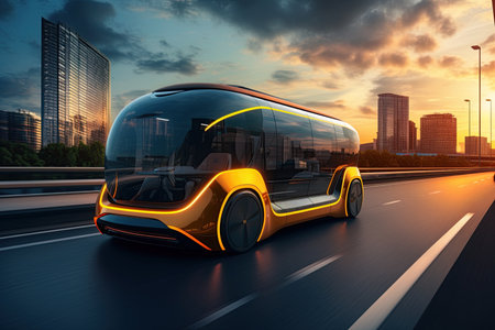 Futuristic taxi on the road. Future transportation concept. Sustainable energy transport. Generative Aiの素材