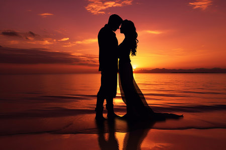 Couple in love at the beach at sunset. Silhouette design. Ai generative illustrationの素材