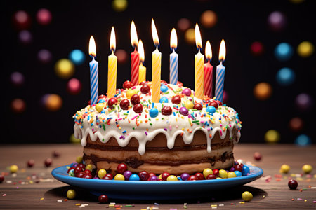 Birthday cake with burning candles. Ai generative imageの素材