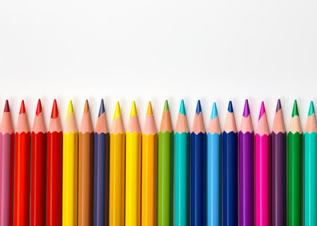 Colored pencils or crayons on white background with copy space.  Back to school and education concept. Ai generative imageの素材