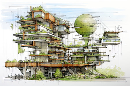 Architectural sketch of a modern futuristic house. Blueprint, technical drawing. Artwork poster design. Ai generative illustrationの素材