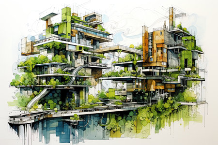 Futuristic house architectural sketch. Blueprint, technical drawing. Sustainable, green energy concept. Ai generative illustrationの素材