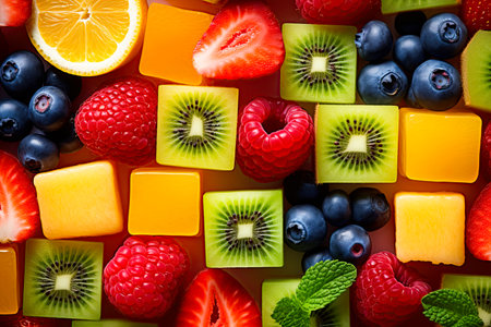 Fruit puzzle. Food background ,pattern. Variety of fruit cubes. Flat lay, top view. Ai generative imageの素材