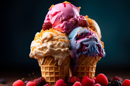 Delicious colorful fruit flavored icecream in a waffle cone. Ai generativeの素材