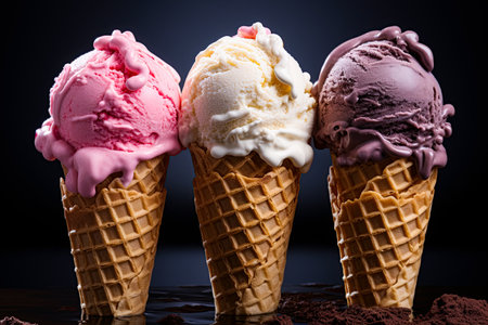 Icecream in waffle cones with strawberry, chocolate and vanila flavor. Ai generative imageの素材