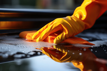 Hand in yellow rubber glove holding sponge and cleaning surface. Ai generative imageの素材