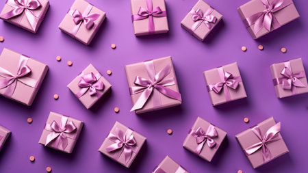 Gift boxes, presents on purple background. Flat lay, top view. Ai generativeの素材