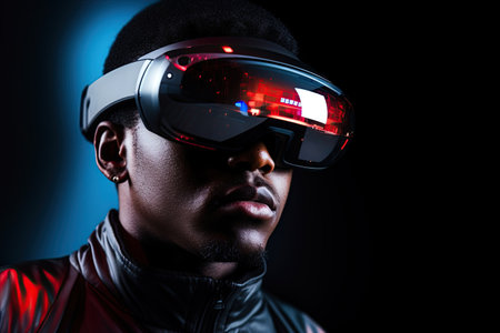Young man wearing vr googles. Cyberspace, virtual reality and artificial intelligence concept. Ai generativeの素材