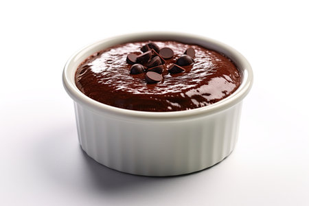Chocolate pudding in a bowl on white surface. Ai generative imageの素材