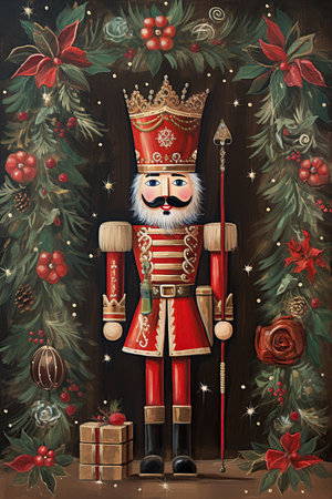 Nutcracker soldier figurine. Whimsical Christmas postcard. Acrylic painting on wood. Ai generative illustrationの素材