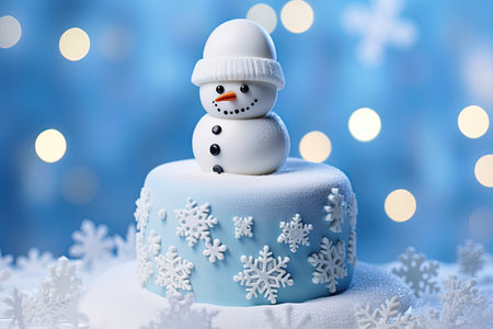 Christmas cake with snowman figurine on top. Ai Generative imageの素材