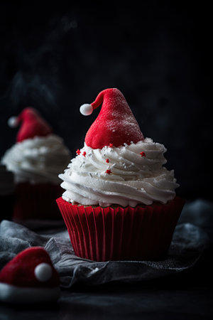 Cupcakes with Santa's hat. Christmas food decoration. Ai generative imageの素材