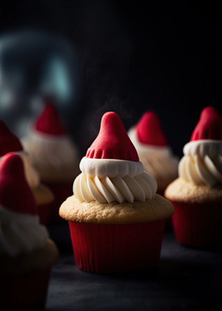 Cupcakes with Santa's hat. Christmas food decoration. Ai generative imageの素材