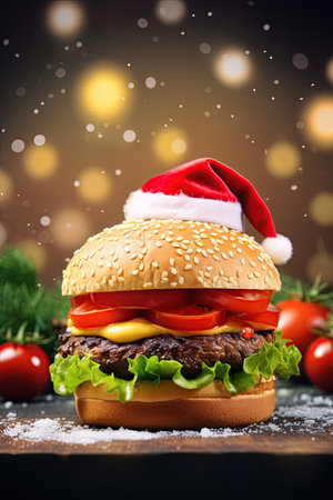 Burger with Santa Claus hat. Christmas food concept. Ai generative imageの素材