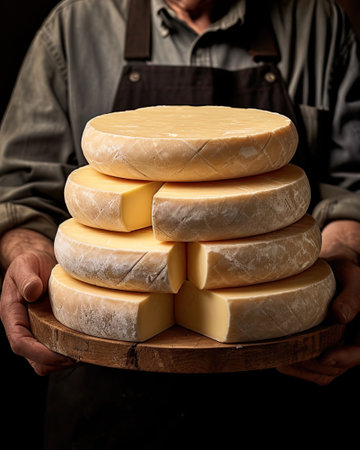Man holding a wheel of aged cheese. Ai generative imageの素材