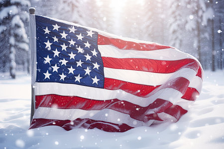 Flag of America outdoors in the snow. Ai Generative illustrationの素材